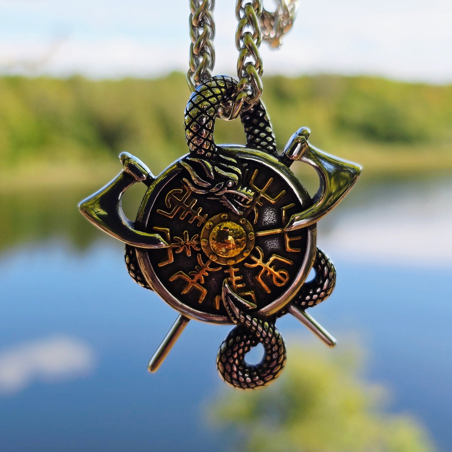 Halsband Viking Vegvísir Skyddsamulett - Dubbelfärgad