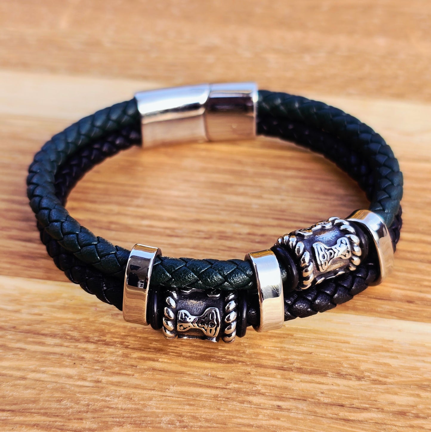 Armband Mjölner Twin Läder - Svart/Grön